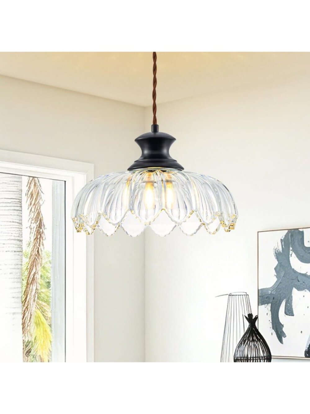 Vintage Flower Pattern Pendant Light, Adjustable Black Ceiling Lamp for Kitchen